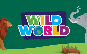Crayola Imagine Arts Academy Wild world logo with an illustration of a Elephant on the right and a lion on the left.