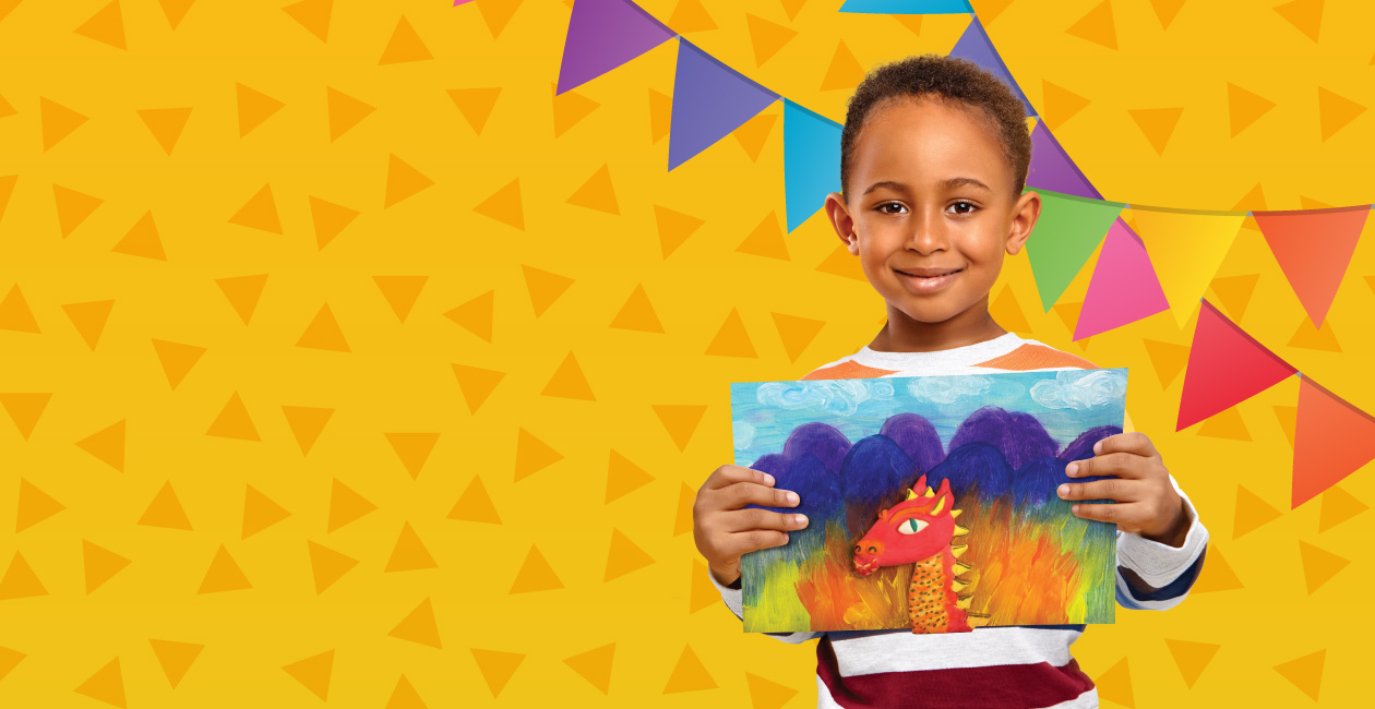 Boy holding a canvas with a painting of a red dragon on it.  There is a yellow background with triangles on the background